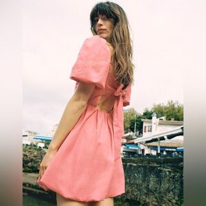 Zara Bow Back Bubble Hem Linen Blend Short Puff Sleeve Mini Dress XS Pink